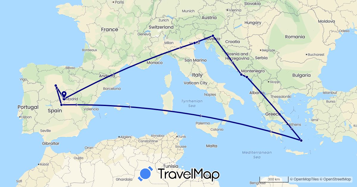 TravelMap itinerary: driving in Spain, Greece, Croatia, Italy, Montenegro, Slovenia (Europe)